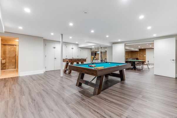 Billiard Table, Game Room, Interior, Recessed Lighting, Wood Texture Flooring
