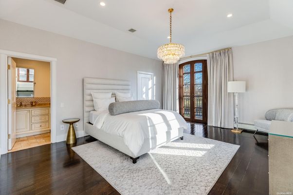 Bedroom, Chandelier, Interior, Recessed Lighting, Wood Texture Flooring