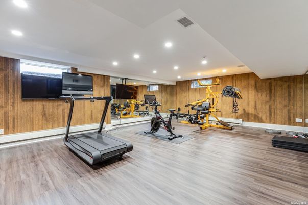 Fitness Equipment, Interior, Recessed Lighting, Wood Texture Flooring, Wooden Walls