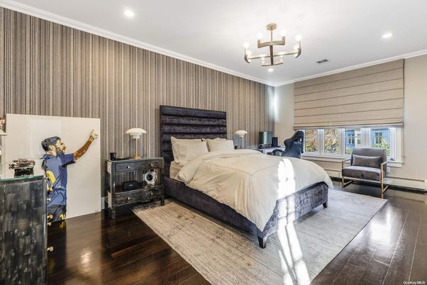 Bedroom, Chandelier, Interior, Recessed Lighting, Wood Texture Flooring