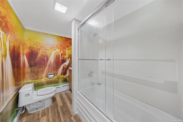 Bathroom, Glass Shower, Interior, Wood Texture Flooring