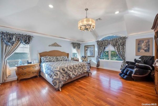 Bedroom, Chandelier, Interior, Recessed Lighting, Wood Texture Flooring