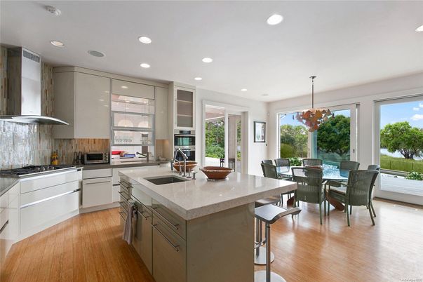 Dining room, Interior, Kitchen, Pendant Lights, Recessed Lighting, Wood Texture Flooring