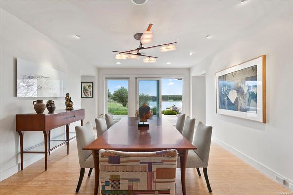Dining room, Interior, Pendant Lights, Recessed Lighting, Water, Wood Texture Flooring