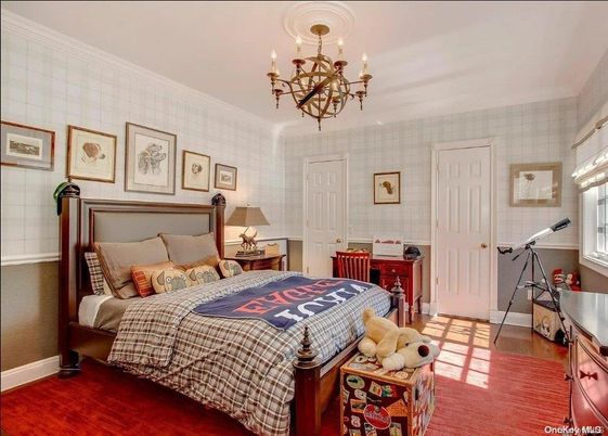 Bedroom, Chandelier, Interior, Wood Texture Flooring
