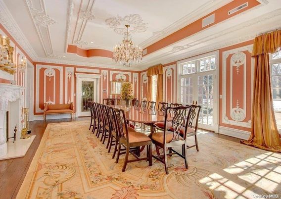 Chandelier, Dining room, Fireplace, Interior, Wood Texture Flooring