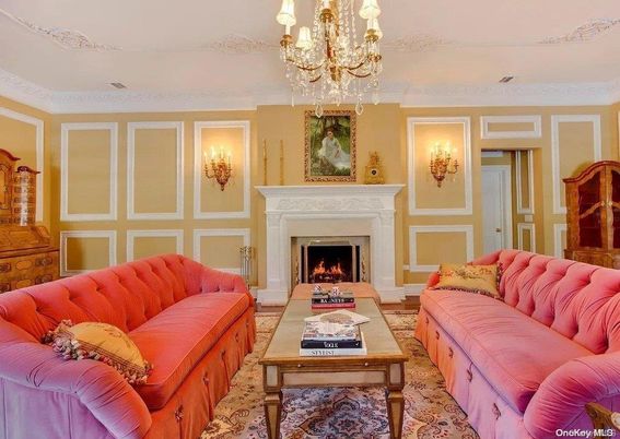 Chandelier, Fireplace, Interior, Living room