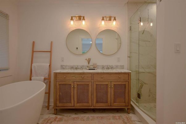Bathroom, Dual Sink Vanities, Free Standing Baths, Glass Shower, Interior, Marble Walls