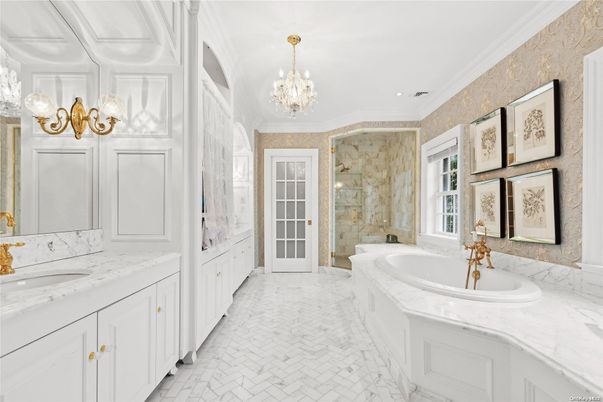 Bathroom, Chandelier, Dual Sink Vanities, Glass Shower, Interior, Marble