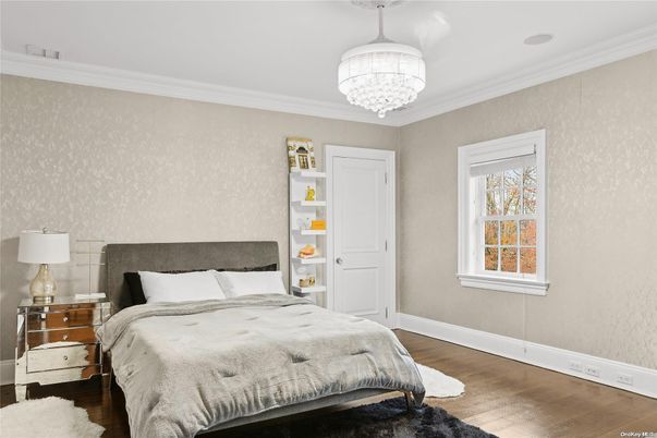 Bedroom, Chandelier, Interior, Wood Texture Flooring