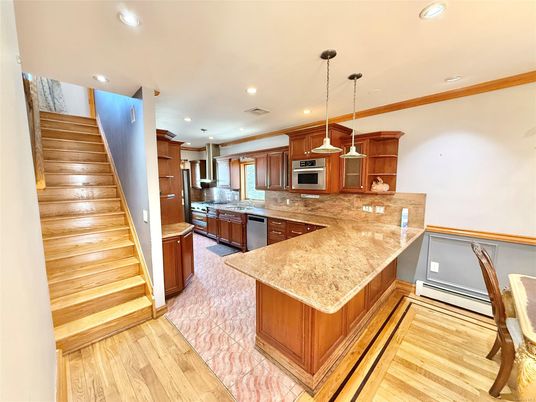 Interior, Kitchen, Pendant Lights, Recessed Lighting, Stainless Steel Appliances, Wood Texture Flooring