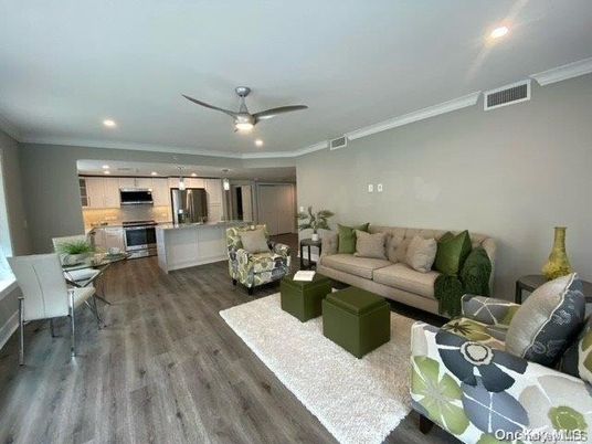 Interior, Kitchen, Living room, Recessed Lighting, Stainless Steel Appliances, Wood Texture Flooring