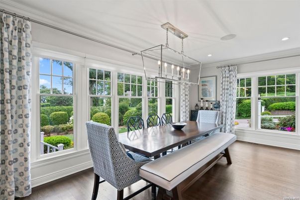 Dining room, Interior, Pendant Lights, Recessed Lighting, Wood Texture Flooring