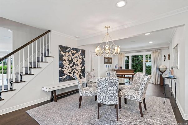 Chandelier, Dining room, Interior, Piano, Recessed Lighting, Wood Texture Flooring
