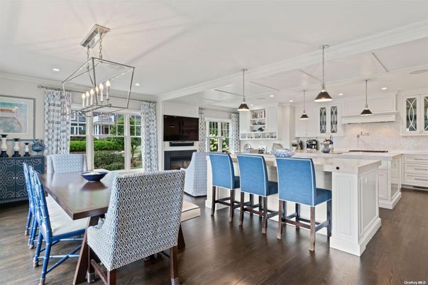 Dining room, Fireplace, Interior, Kitchen, Pendant Lights, Recessed Lighting, Wood Texture Flooring