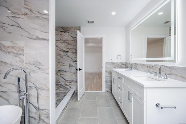 Bathroom, Dual Sink Vanities, Interior, Marble Walls, Recessed Lighting