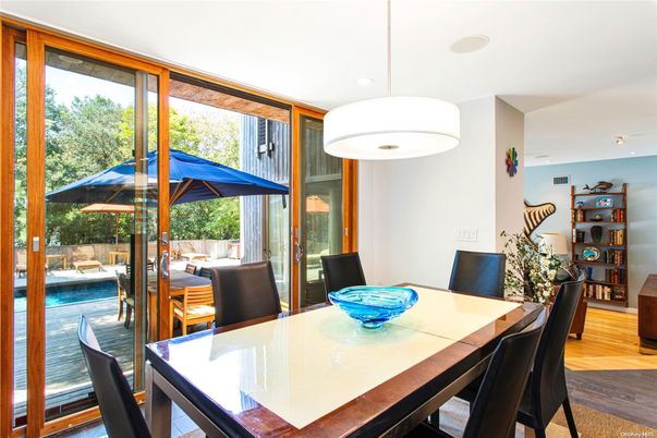Dining room, Interior, Pendant Lights, Recessed Lighting, Wood Texture Flooring