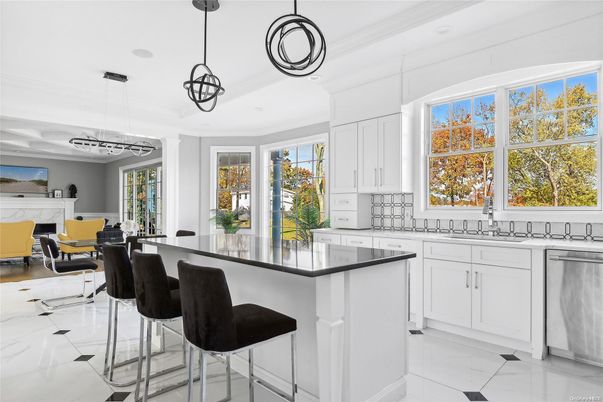 Dining room, Interior, Kitchen, Marble, Pendant Lights, Recessed Lighting, Stainless Steel Appliances
