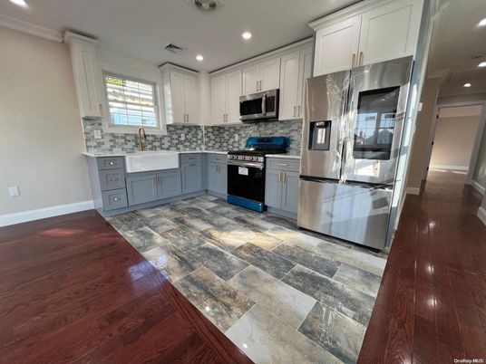 Interior, Kitchen, Recessed Lighting, Stainless Steel Appliances, Wood Texture Flooring