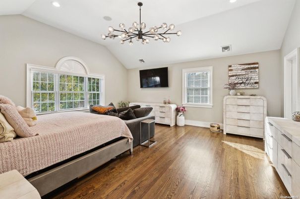 Bedroom, Interior, Pendant Lights, Recessed Lighting, Wood Texture Flooring