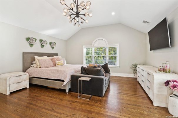 Bedroom, Interior, Pendant Lights, Recessed Lighting, Wood Texture Flooring