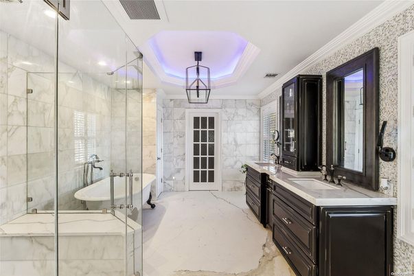 Bathroom, Dual Sink Vanities, Glass Shower, Interior, Marble Walls