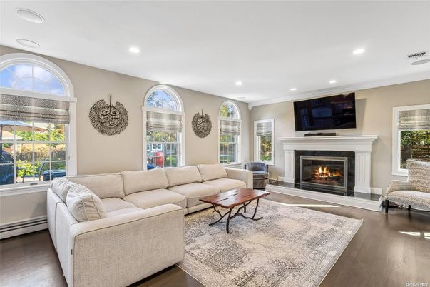 Fireplace, Interior, Living room, Recessed Lighting, Wood Texture Flooring