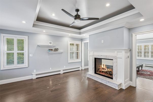 Empty room, Fireplace, Interior, Recessed Lighting, Wood Texture Flooring
