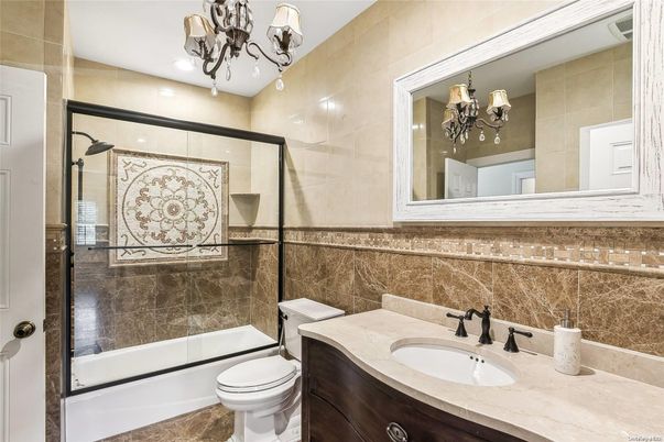 Bathroom, Chandelier, Glass Shower, Interior, Recessed Lighting