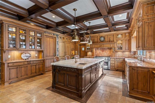 Interior, Kitchen, Pendant Lights, Recessed Lighting, Stainless Steel Appliances, Tile Countertops, Wooden Beams