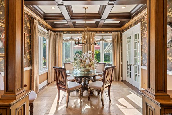 Chandelier, Dining room, Interior, Recessed Lighting, Wooden Beams