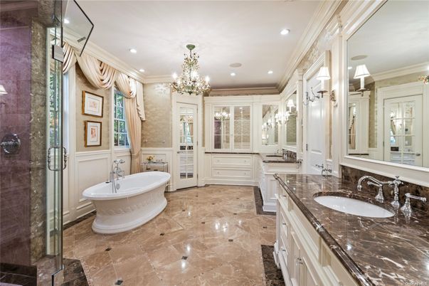 Bathroom, Chandelier, Dual Sink Vanities, Free Standing Baths, Glass Shower, Interior, Recessed Lighting