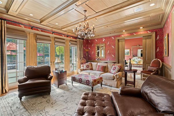 Chandelier, Interior, Living room, Recessed Lighting, Wooden Ceilings, Wood Texture Flooring