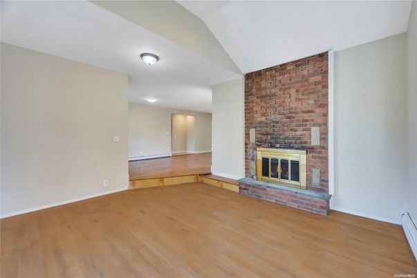 Empty room, Fireplace, Interior, Stone Walls, Wood Texture Flooring