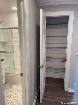 Bathroom, Glass Shower, Interior, Recessed Lighting, Wood Texture Flooring