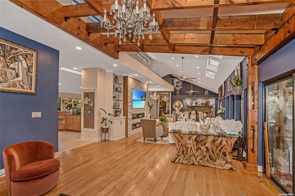 Dining room, Interior, Living room, Recessed Lighting, Wooden Beams, Wood Texture Flooring