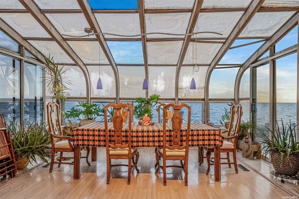 Dining room, Glass Ceilings, Interior, Sun Room, Water, Wood Texture Flooring