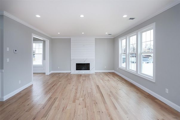 Empty room, Fireplace, Interior, Recessed Lighting, Wood Texture Flooring