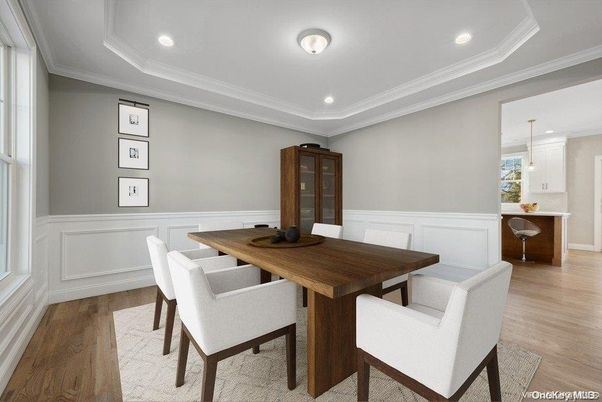 Dining room, Interior, Pendant Lights, Recessed Lighting, Wood Texture Flooring