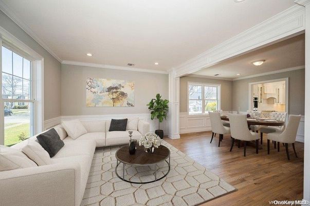 Dining room, Interior, Living room, Recessed Lighting, Wood Texture Flooring