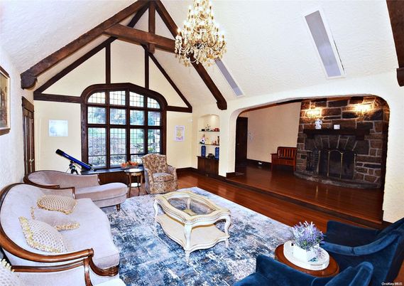 Chandelier, Fireplace, Interior, Living room, Wooden Beams, Wood Texture Flooring
