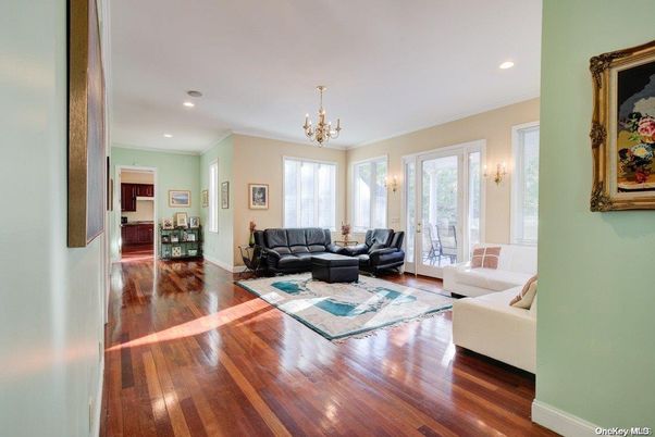 Chandelier, Interior, Living room, Recessed Lighting, Wood Texture Flooring