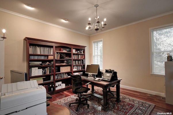 Chandelier, Home Office, Interior, Recessed Lighting, Wood Texture Flooring