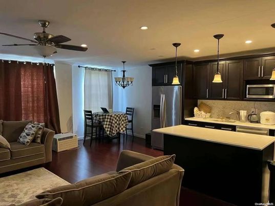 Dining room, Interior, Kitchen, Living room, Pendant Lights, Recessed Lighting, Stainless Steel Appliances, Wood Texture Flooring
