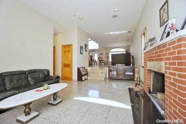 Fireplace, Interior, Living room, Recessed Lighting, Stone Walls