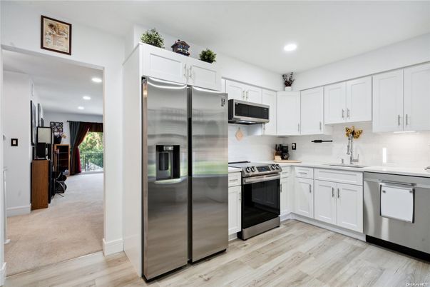 Interior, Kitchen, Recessed Lighting, Stainless Steel Appliances, Wood Texture Flooring