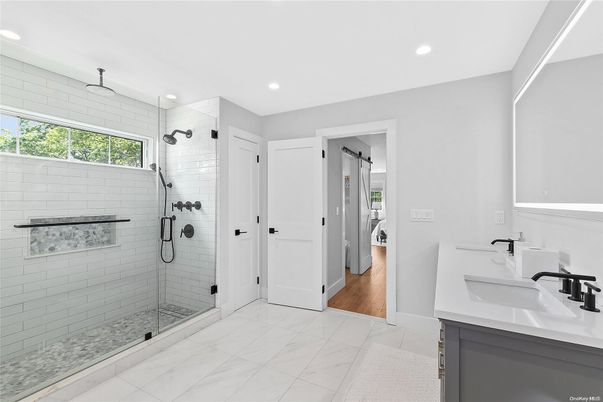 Bathroom, Glass Shower, Interior, Marble, Recessed Lighting, Wood Texture Flooring