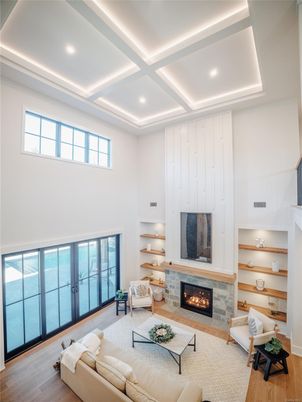 Fireplace, Interior, Living room, Recessed Lighting, Wood Texture Flooring