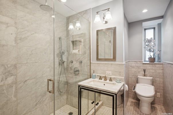 Bathroom, Glass Shower, Interior, Marble Walls, Recessed Lighting