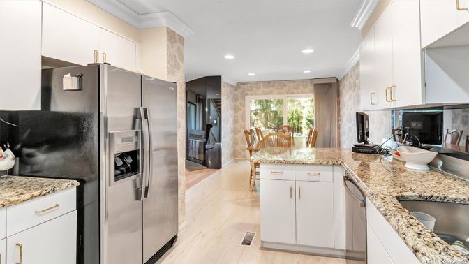 Interior, Kitchen, Recessed Lighting, Stainless Steel Appliances, Wood Texture Flooring